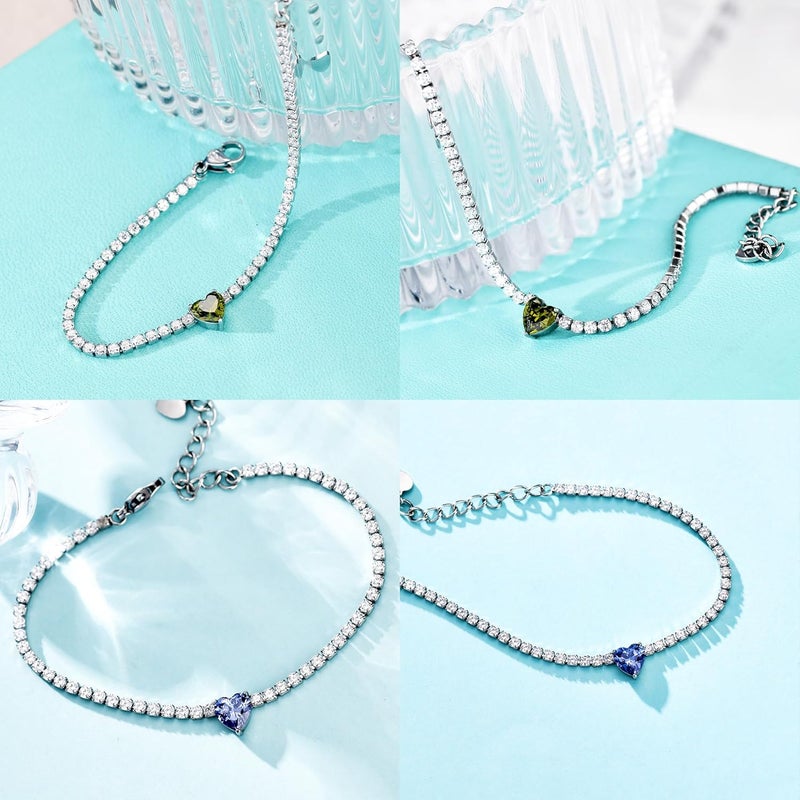 AllenCOCO Sterling Silver Heart Birthstone Bracelet, 14K White Gold Plated, AAAAA+ CZ Cubic Zirconia, Tennis Chain with Heart Charm, Hypoallergenic, Non-Tarnish Jewelry Gift for Women - Image 5